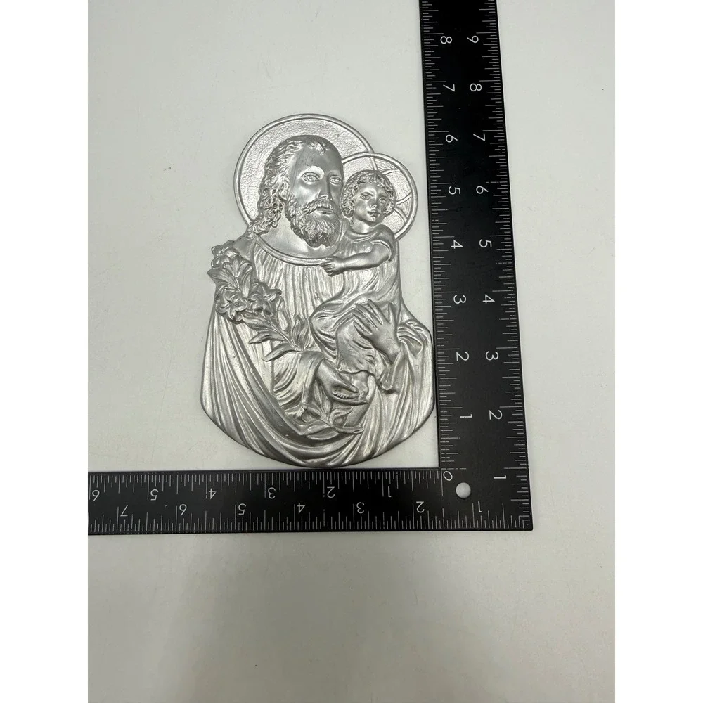 Vintage L.V.A. 1923 Saint Joseph and Child Jesus Silver Tone Relief Plaque 6.25